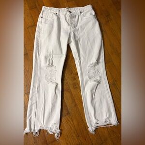 Umgee White Distressed Straight Frayed Leg Jeans